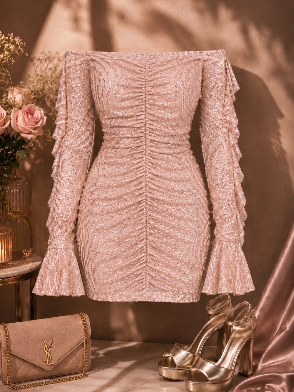 Off-Shoulder Blush Sequin Mini Dress